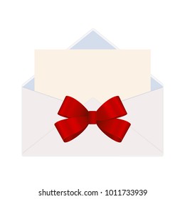 Envelope with Clean Card and Red Bow Ribbon. Vector  illustration isolated on white background.