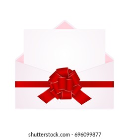 Envelope with Clean Card and Red Bow Ribbon. Vector  illustration isolated on white background.