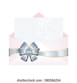 Envelope with Clean Card and Shiny Blue Satin Bow. Vector  illustration isolated on white background.