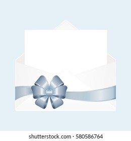 Envelope with Clean Card and Shiny Blue Satin Bow. Vector  illustration isolated on blue  background.