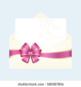 Envelope with Clean Card and Shiny Pink Satin Bow Ribbon. Vector  illustration isolated on blue background.
