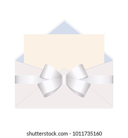 Envelope with Clean Card and White Bow Ribbon. Vector  illustration isolated on white background.