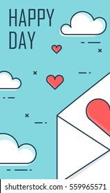 The envelope with the clouds in the sky. Saint Valentine Day design greeting card. Flat line style. Vector