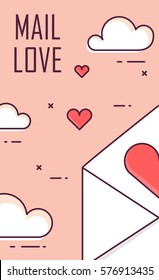 The envelope with the clouds in the sky. Saint Valentine Day background. Thin line flat design. Vector.