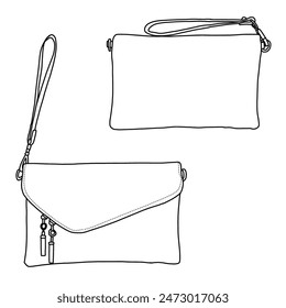 Envelope Clutch Bag  Line art, Suitable for your custom women handbags design, outline vector doodle illustration side and rear view, isolated on white background