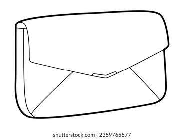 Envelope clutch silhouette bag with flap closure. Fashion accessory technical illustration. Vector satchel front 3-4 view for Men, women, unisex style, flat handbag CAD mockup sketch outline isolated