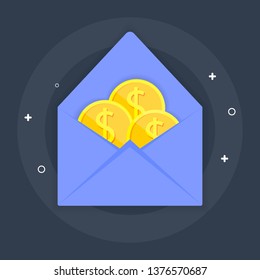 Envelope with coins inside. Financial messaging. Dark blue background.