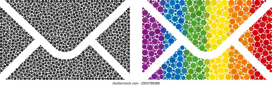 Envelope collage icon of filled circles in various sizes and spectrum color tinges. A dotted LGBT-colored envelope for lesbians, gays, bisexuals, and transgenders.