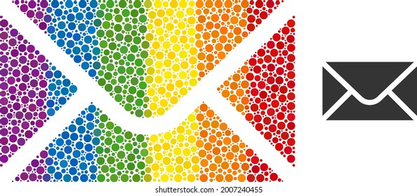 Envelope collage icon of round items in various sizes and rainbow multicolored color hues. A dotted LGBT-colored envelope for lesbians, gays, bisexuals, and transgenders.