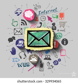 Envelope and collage with web icons background. Vector illustration