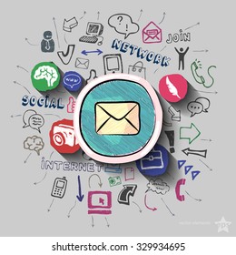 Envelope and collage with web icons background. Vector illustration