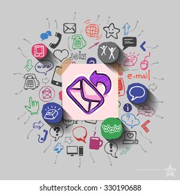 Envelope and collage with web icons background. Vector illustration