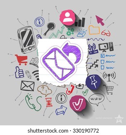 Envelope and collage with web icons background. Vector illustration