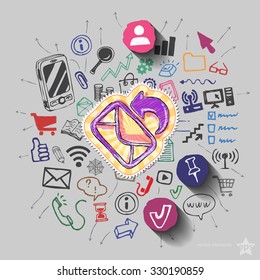 Envelope and collage with web icons background. Vector illustration