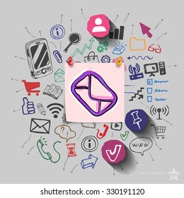 Envelope and collage with web icons background. Vector illustration