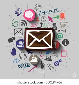 Envelope and collage with web icons background. Vector illustration