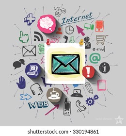 Envelope and collage with web icons background. Vector illustration