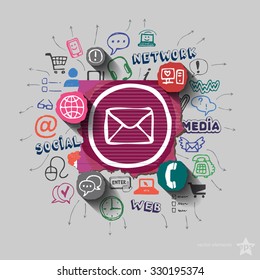 Envelope and collage with web icons background. Vector illustration
