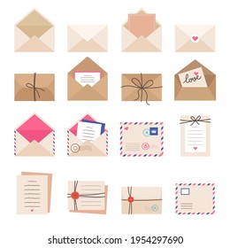 Envelope collections. Mail letters greeting cards romantic envelopes stamped signs labels recent vector illustrations collection