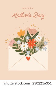 Envelope With Colorful Blossom Flowers And Text "Happy Mother’s Day” On Light Peach Background. Vector Illustration Great For Celebration Of Mother’s Day. Hand Drawn Illustration.