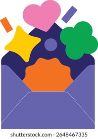 Envelope with colorful icons symbolizing news, updates, and benefits. Suitable for newsletters, user messages, positive announcements, or rewards.