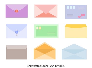 Sobre colorido con correo y postal con sellos postales, cera de sellado. Carta abriendo y cerrando una colección de diseños de formularios para sitio web con detalles y elementos. Estilo plano. Ilustración del vector