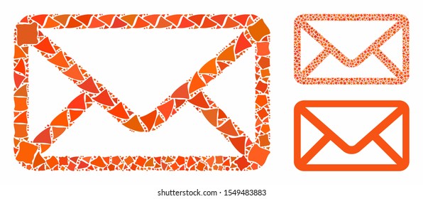 Envelope composition of irregular pieces in variable sizes and color tinges, based on envelope icon. Vector inequal pieces are composed into collage. Envelope icons collage with dotted pattern.
