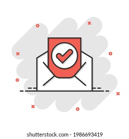 Envelope with confirmed document icon in comic style. Verify cartoon vector illustration on white isolated background. Receive splash effect business concept.