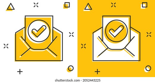 Envelope with confirmed document icon in comic style. Verify cartoon vector illustration on white isolated background. Receive splash effect business concept.