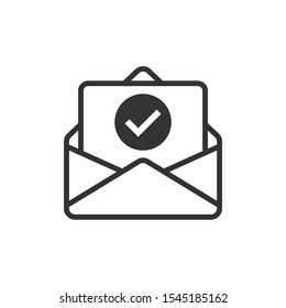 Envelope with confirmed document icon in flat style. Verify vector illustration on white isolated background. Receive business concept.