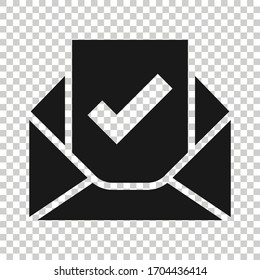 Envelope with confirmed document icon in flat style. Verify vector illustration on white isolated background. Receive business concept.