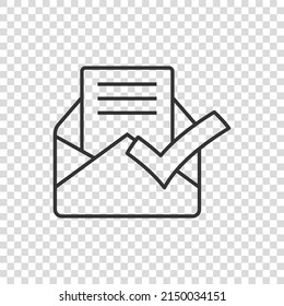 Envelope with confirmed document icon in flat style. Verify vector illustration on white isolated background. Receive business concept.