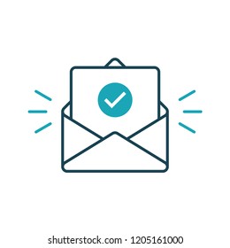 Envelope with confirmed document. Vector outline icon