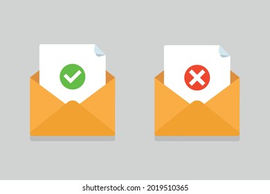 Envelope with confirmed and rejected letter. Concept of satisfactory and unsatisfactory result. Envelopes on a gray background. Can be used as a layout.