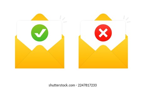 Envelope with confirmed and rejected letter. Concept of satisfactory and unsatisfactory results. Opened envelope and document with red stamp. Rejection email. Vector illustration