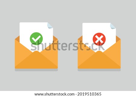 Envelope with confirmed and rejected letter. Concept of satisfactory and unsatisfactory result. Envelopes on a gray background. Can be used as a layout.