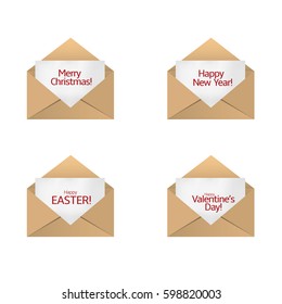 Envelope with congratulations card set. Happy New Year Merry Christmas Happy Valentine's day Happy Easter