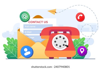 Envelope with Contact Us form and telephone, Customer care service flat vector illustration, Online support, Hotline, Help desk, Mail letter communication form as information sending for assistance