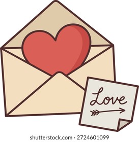 Um envelope contendo um coração com uma pequena nota de amor ao lado dele, simbolizando afeto.