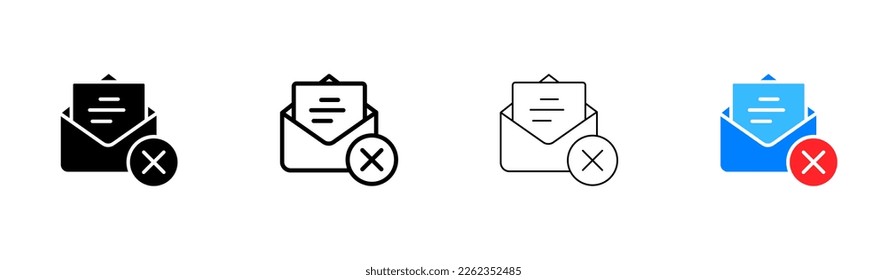 Envelope with a cross set icon . Cross, error, not sent, rejected, failure, not found, spam, mail, post, write. Email concept. Vector icon in line, black and colorful style on white background