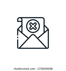 Envelope with cross sign, remove, delete, reject e mail outline icons. Vector illustration. Editable stroke. Isolated icon suitable for web, infographics, interface and apps. 