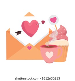 envelope with cupcake and cup coffee vector illustration design
