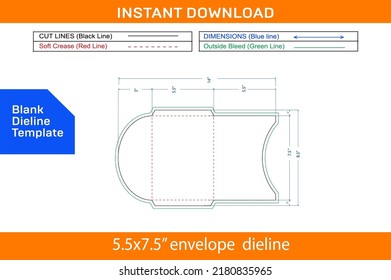 Envelope customized design 5.5x7.5'' dieline template and 3d design envelope
