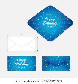 Envelope cut with holiday background. Standard size 167 x 88 mm in proportion. Isolated abstract graphic design template. Paper wallet for cash money gift. Calligraphic text Happy birthday to you, cap