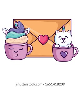sobre con tazas lindas diseño de ilustración vectorial fantasía