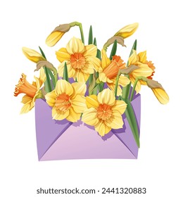Envelope with daffodils on an isolated background. Spring floral illustration. Happy Easter! Delicate bouquet for decoration, design, cards, invitations, etc.