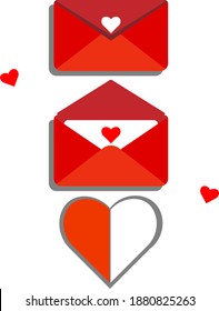 Envelope with a declaration of love. Three states, a closed envelope, an open envelope and the valentine itself.