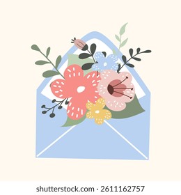 An envelope decorated with a beautiful assortment of flowers is showcased against a soft, neutral background