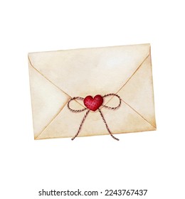 Sobre adornado con una cuerda de cuerda, arco de cuerda y corazón rojo. Carta de amor para el día de San Valentín.