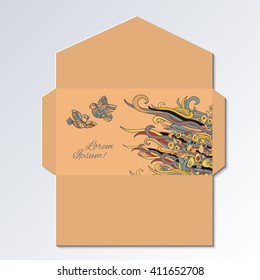 Envelope design with hand drawn birds and abstract waves drawing., EPS-10